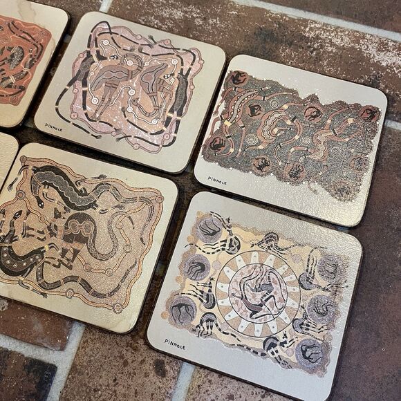 Aboriginal Artist Pinnole Indigenous Australia Set of 6 Coasters 4" Vintage MCM - Picture 12 of 14